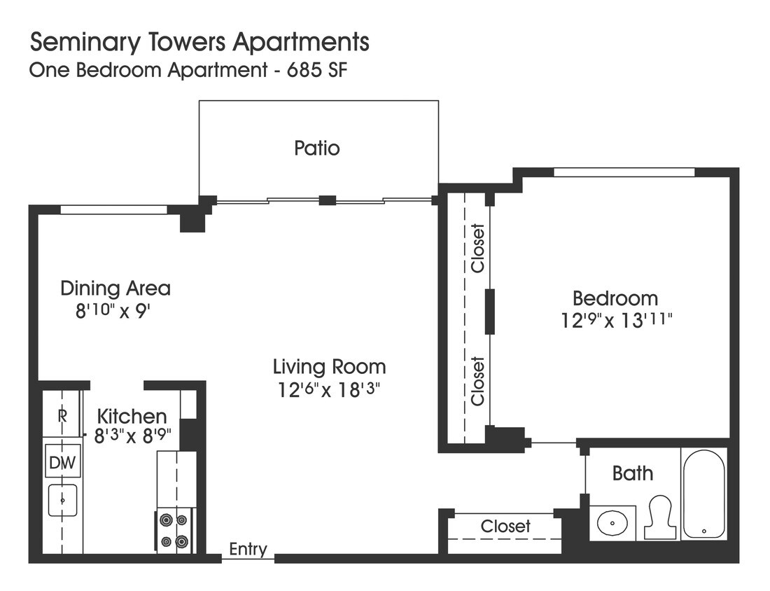 Floor Plan - 1BR 1BA (685sf)