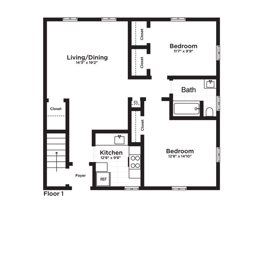 Floor Plan - 2BR/1BA