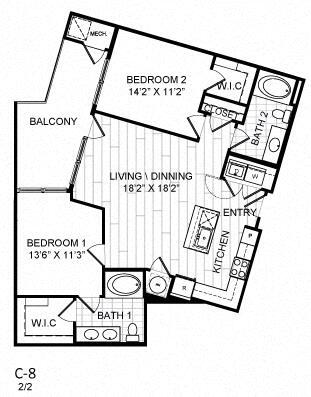 Floor Plan - 2 Bed, 2 Bath - C8
