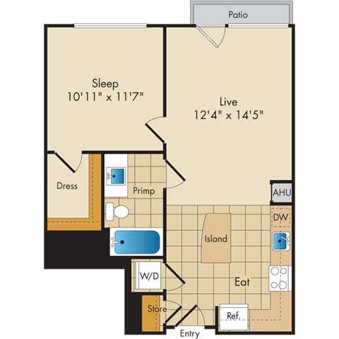 Floor Plan - 1 Bed 1 Bath-A3b