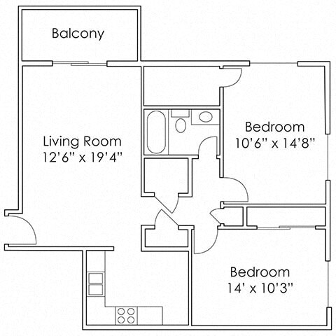 Floor Plan - 2 Bed, 1 Bath - B3 875 SF
