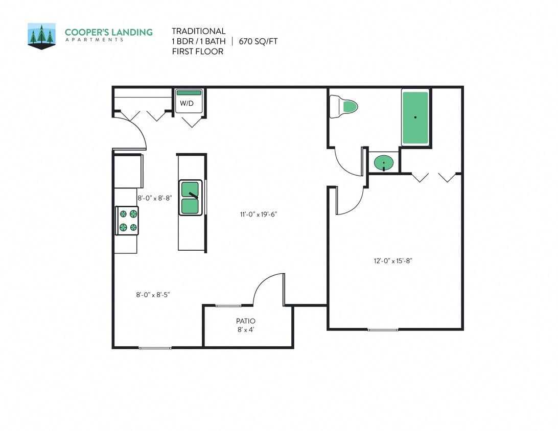 Floor Plan - 1 Bed, 1 Bath - 670 sq ft