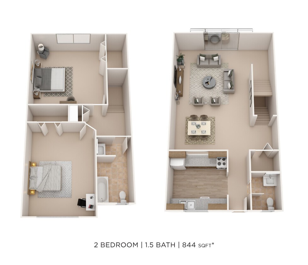 Floor Plan - Two Bedroom 1.5 Bath Townhome- 844 sqft