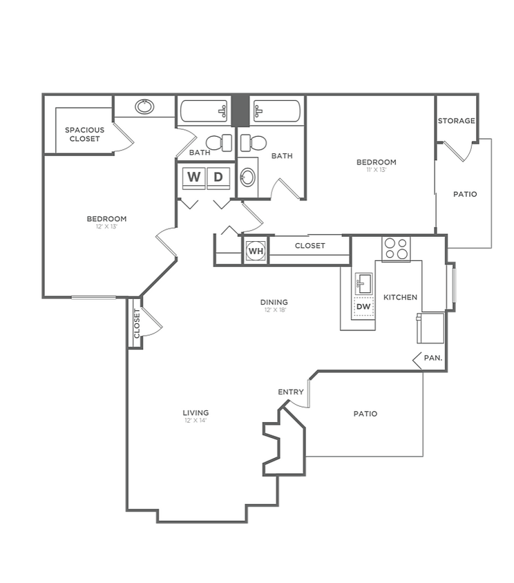Two Bedroom Two Bath (995 SF) - Two Bedroom Two Bath (995 SF)