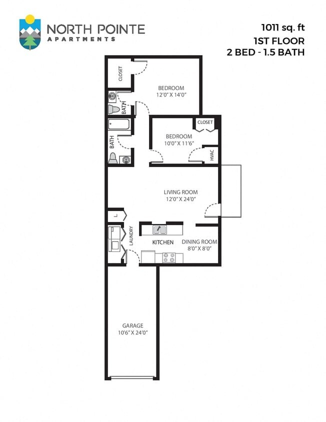 Floor Plan - 2 Bed, 1.5 Bath - 1,011 sq ft