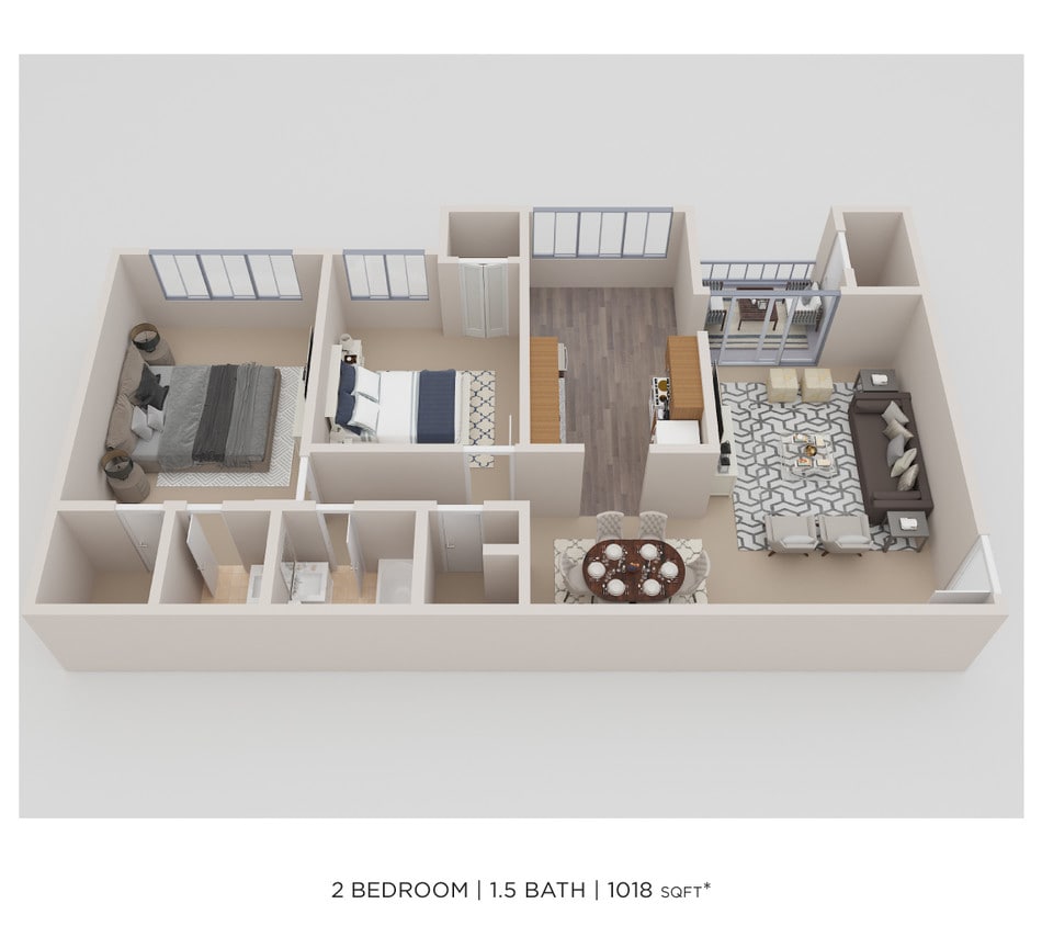 Floor Plan - Two Bedroom 1.5 Bath - 1,018 sqft