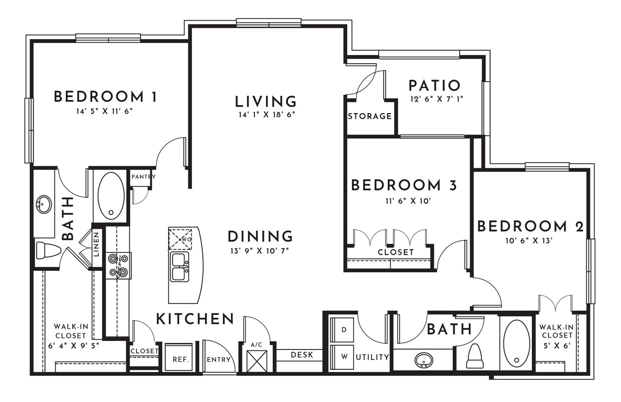 Floor Plan - 3BR 2BA (1409 SF)