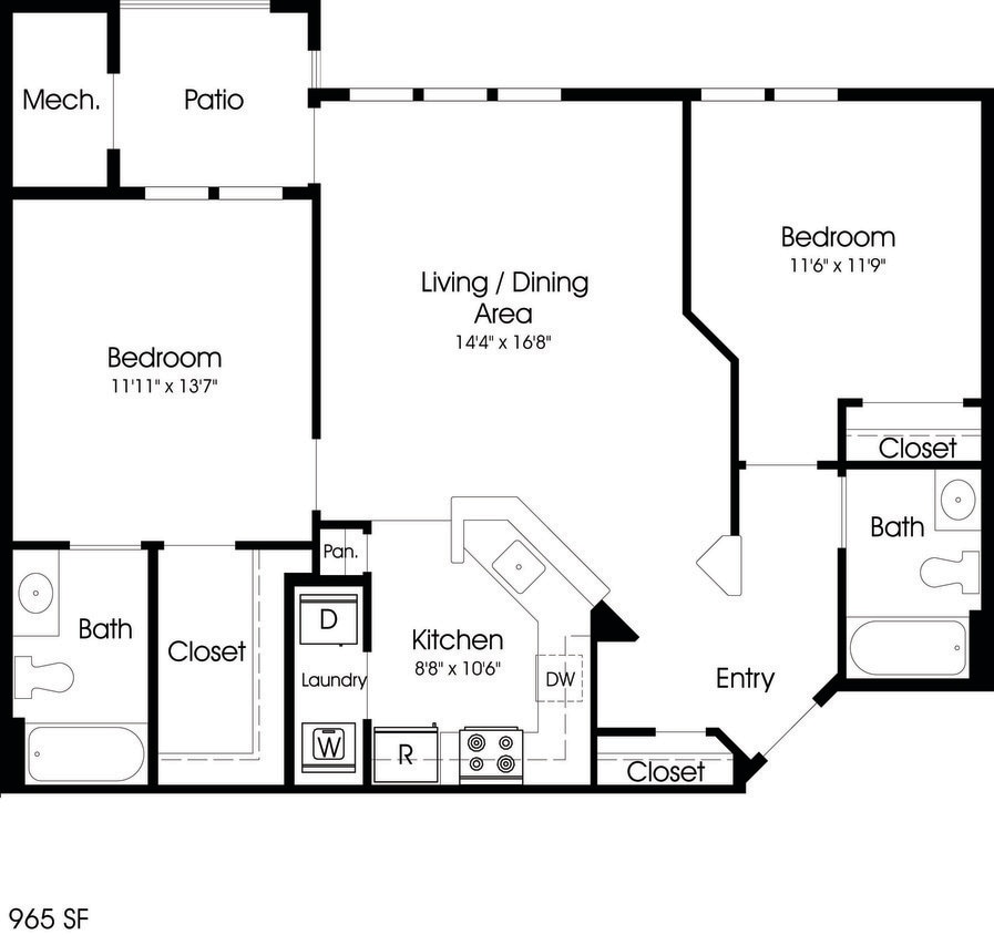 Floor Plan - 2BR 2BA (965sf)