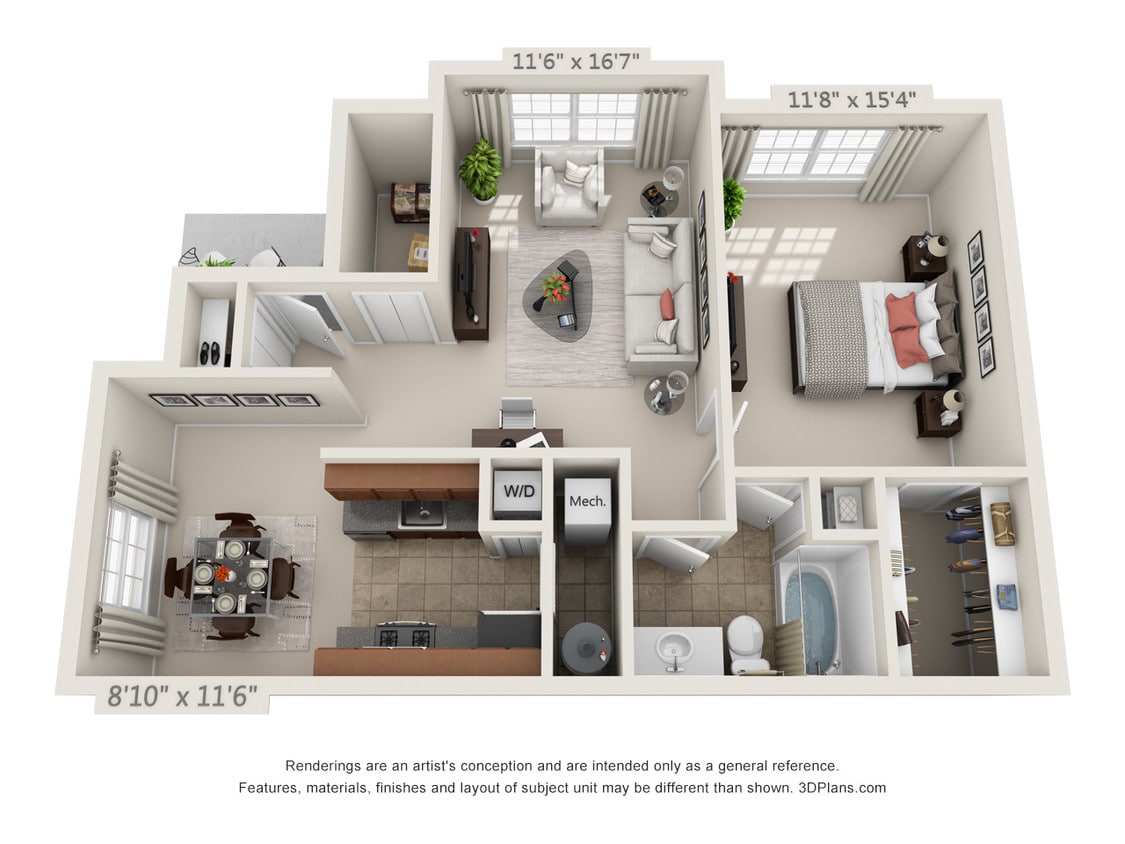 Floor Plan - 1 bedroom, 1 bath first floor- Maple 1