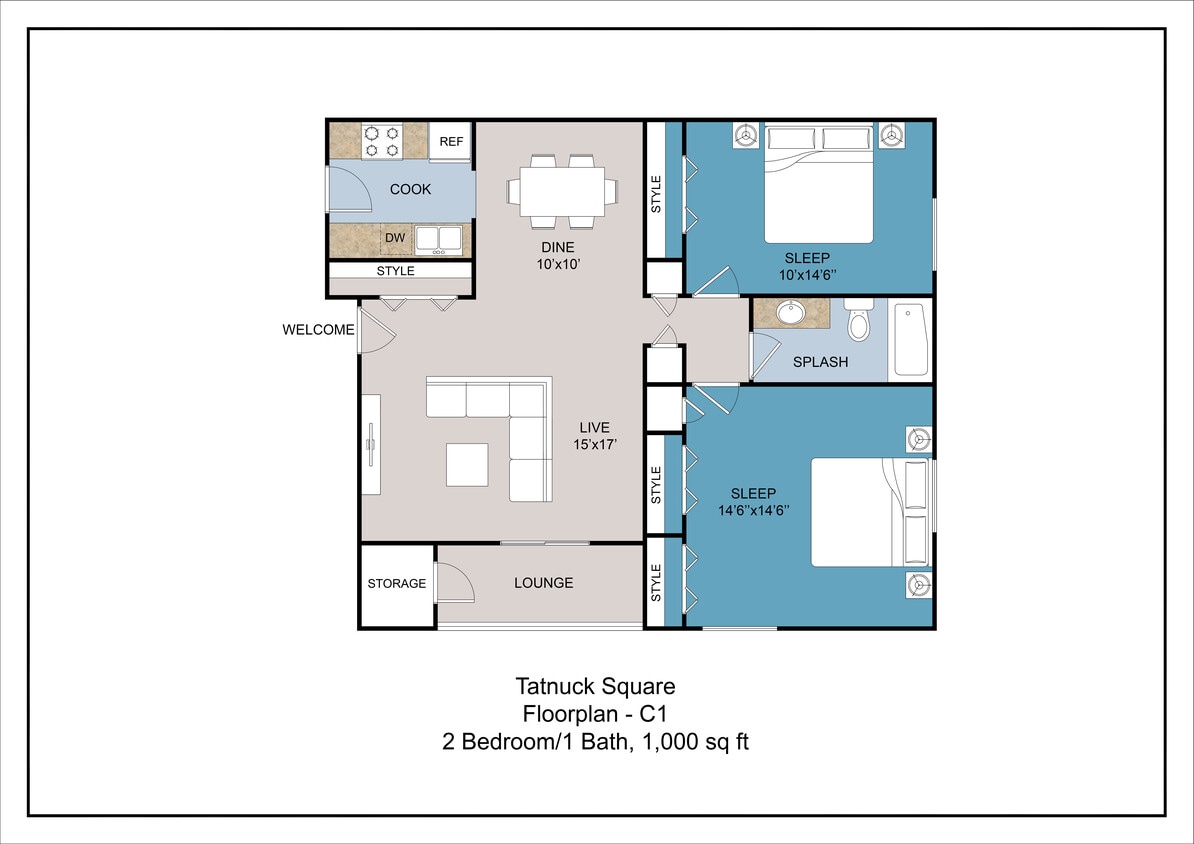2 BR/1BA, 1,000 sf - C1 Renovated