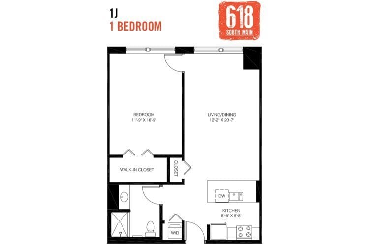 Floor Plan - 1 Bedroom 1 Bath 796 sq. ft.