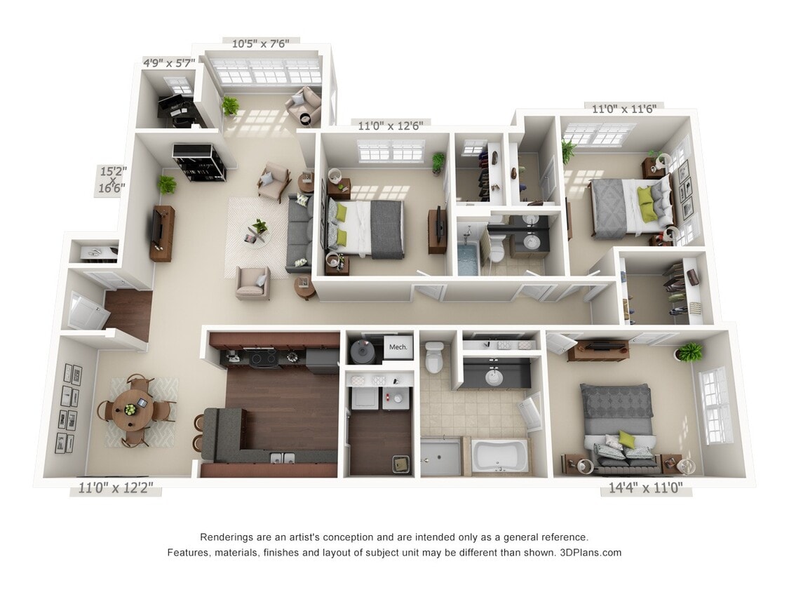 Floor Plan - Three Bedroom with a Sunroom