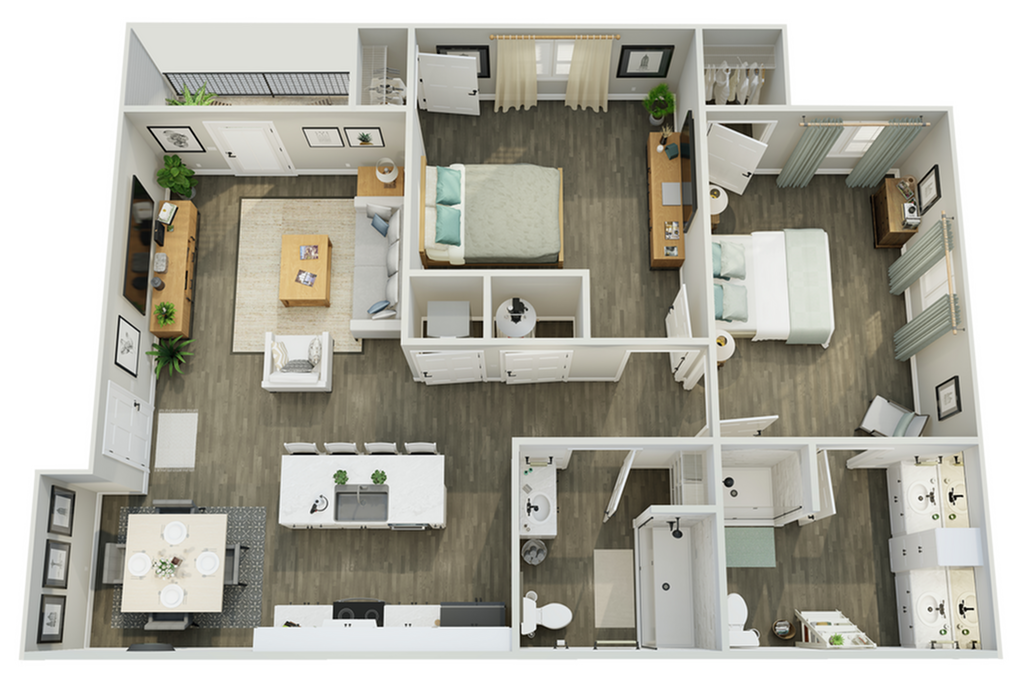 Modern floor plan showcasing two inviting bedrooms, elegant open living and dining areas, and a sleek kitchen, perfect for stylish living. - 2 Bedroom, 2 Bathroom