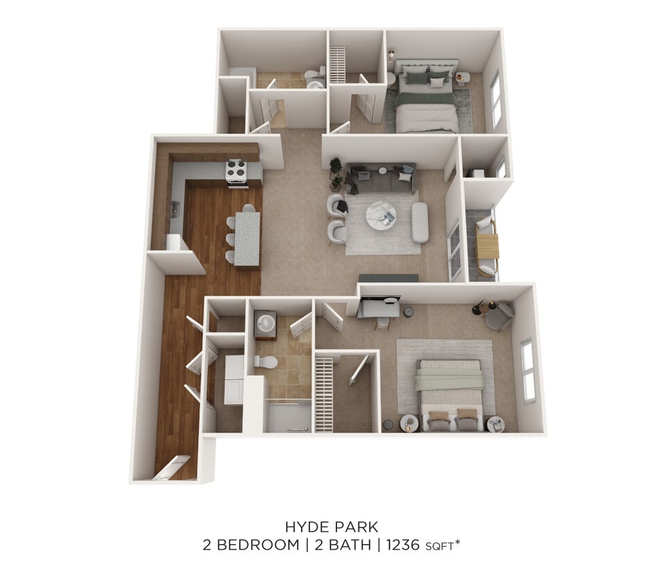 Floor Plan - Two Bedroom 2 Bath- 1236 sqft