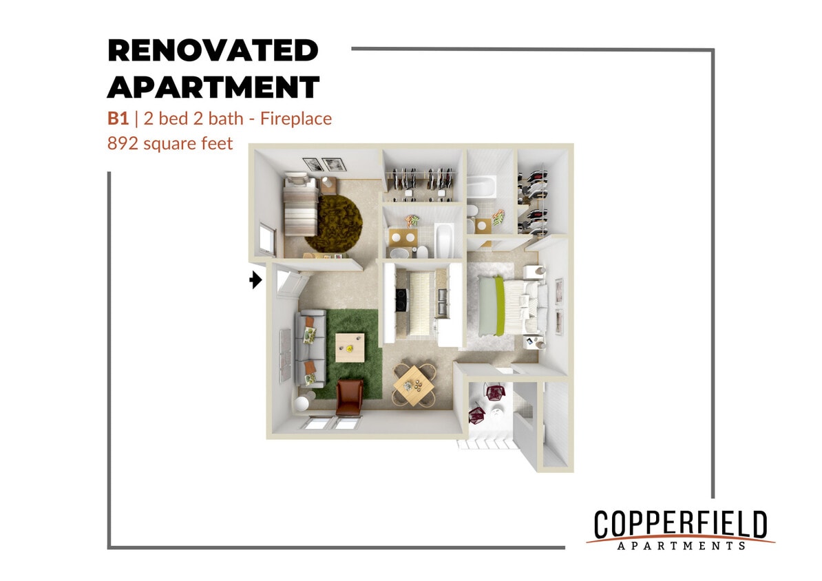 Copperfield Apartments - B1 Fireplace Renovated - B1 Fireplace Renovated