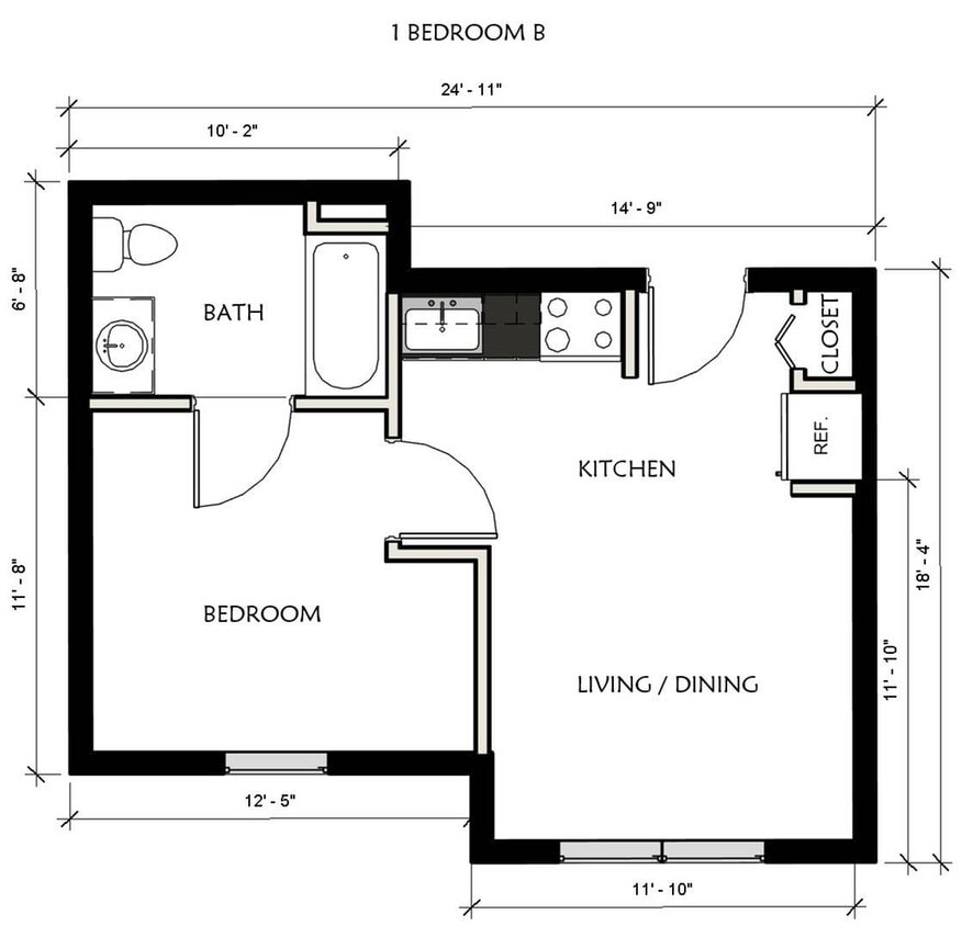 1 Bedroom Floor Plan, Stainless Steel Appliances, Modern Finishes - 1 Bedroom - B