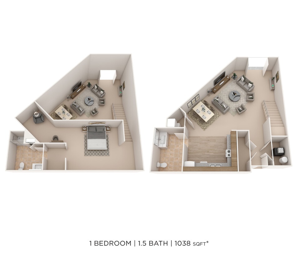 Floor Plan - One Bedroom 1.5 Bath- 1038 sqft
