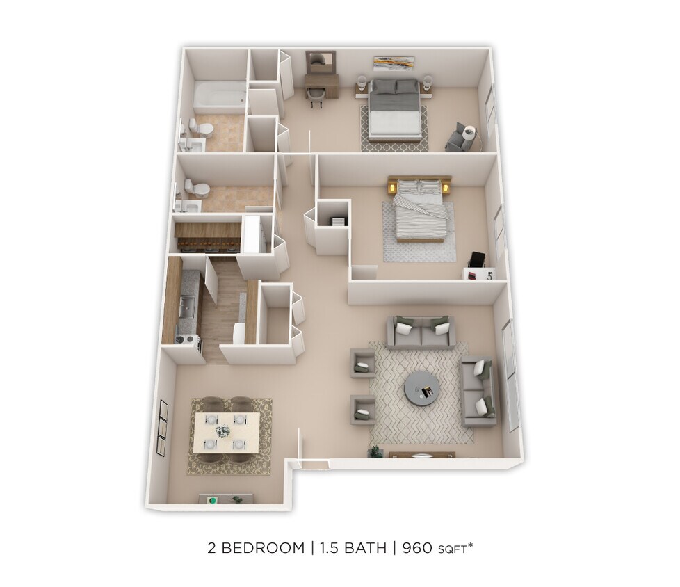 Floor Plan - Two Bedroom 1.5 Bath - 960 sqft