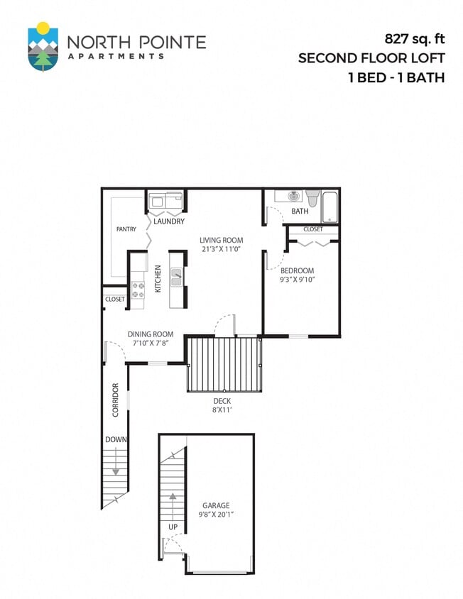 Floor Plan - 1 Bed, 1 Bath - 827 sq ft