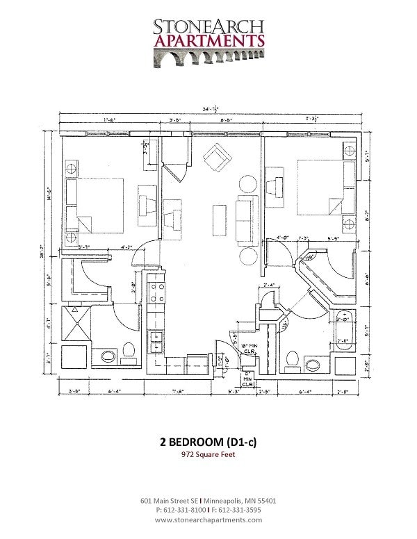Floor Plan - 2 Bedroom 2 Bath (D1-c)