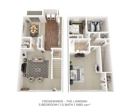 Floor Plan - Three Bedroom 1.5 Bath Townhome - 1,080 sqft