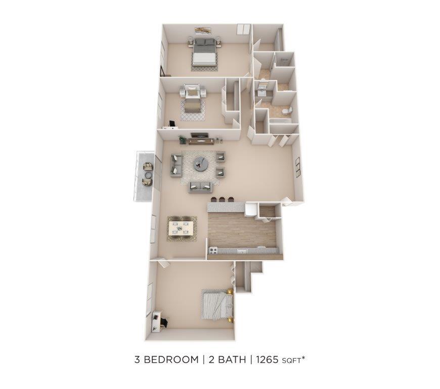 Floor Plan - Three Bedroom 2 Bath - 1,265 sqft