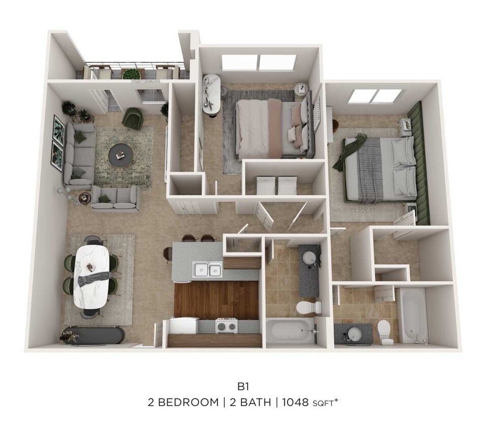 Floor Plan - Two Bedroom 2 Bath-1048 sqft