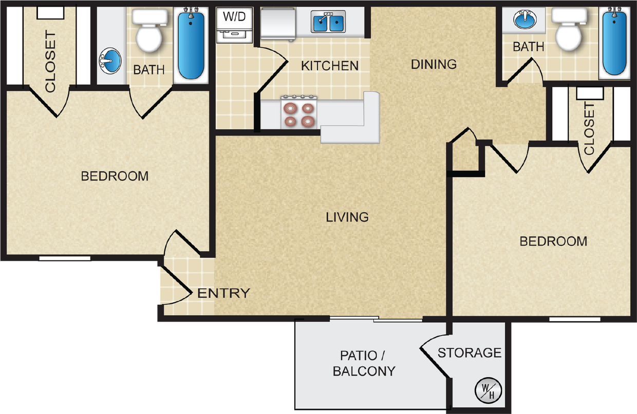 Floor Plan - 2x2 - 885 sf - B1-D