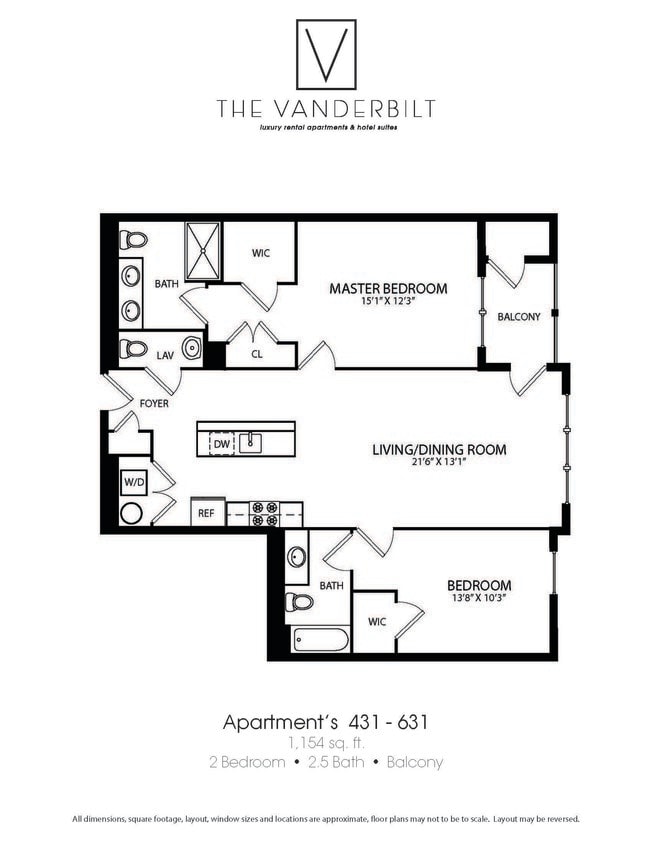 Floor Plan - 2 Bed - 2.5 Bath - Balcony