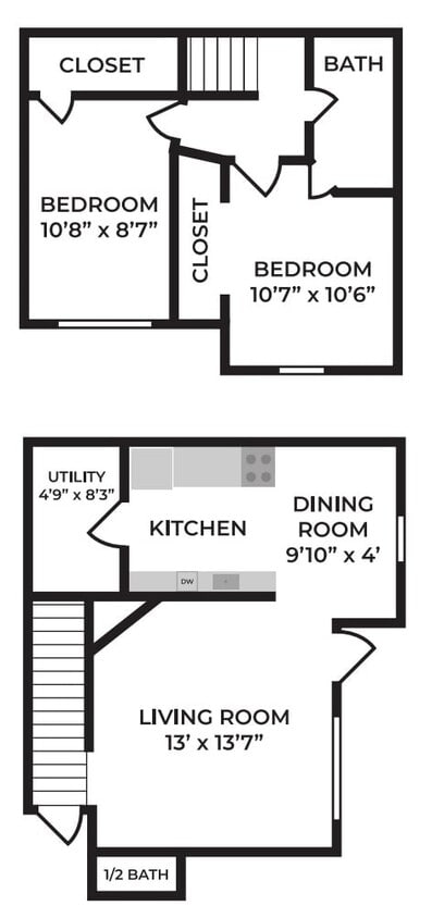 Floor Plan - 2 Bed, 1.5 Bath Townhome