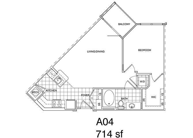 Floor Plan - 1 Bedroom, 1 Bath 714 SF KA4.1