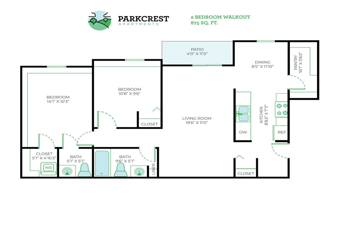 Floor Plan - 2 Bed, 1.5 Bath - 875 sq ft