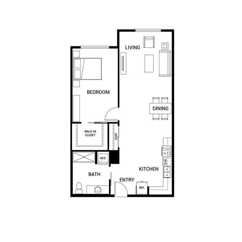 Chic 1-bedroom apartment floor plan featuring open-plan living, dining area, modern kitchen, and spacious walk-in closet. - A11