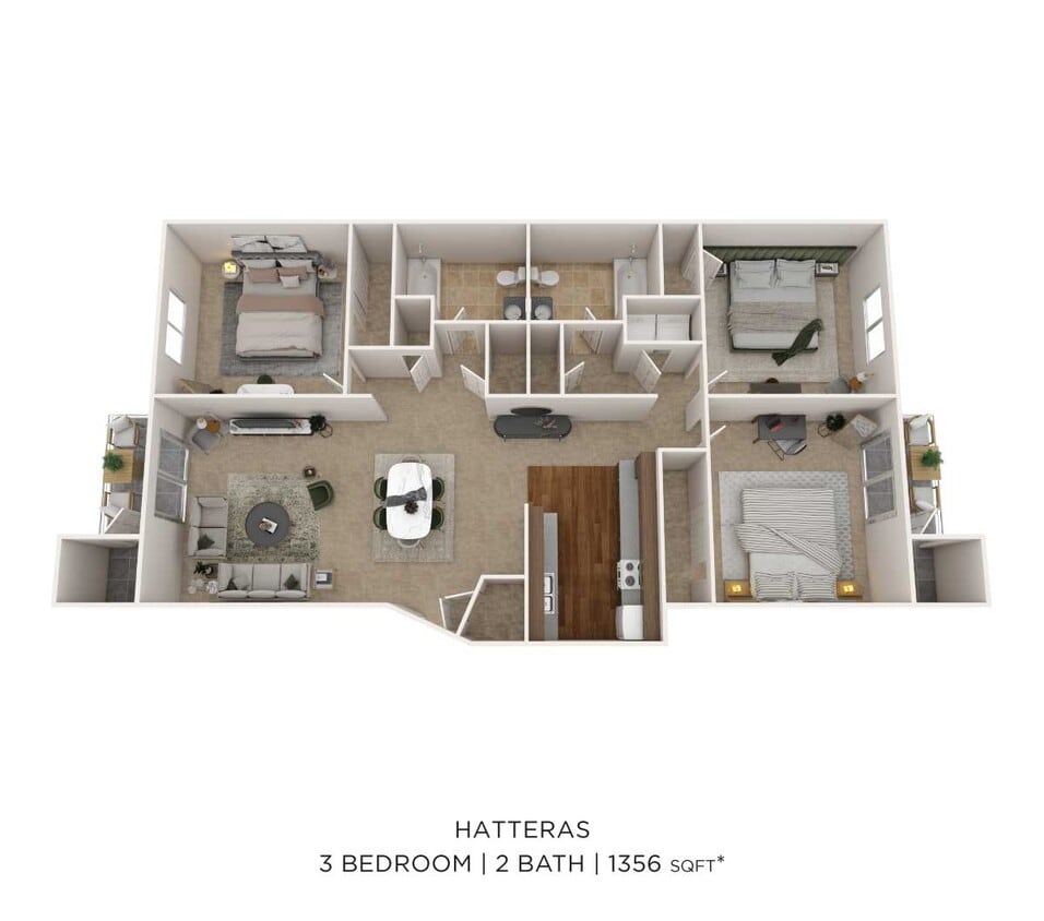 Floor Plan - Three Bedroom 2 Bath - 1,356 sqft