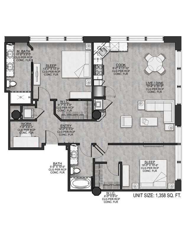 Floor Plan - C2-Two bedroom/Two bath-Work Space Corner Unit