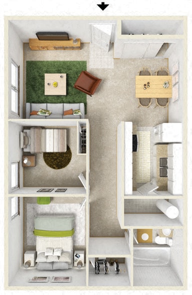 Floor Plan - 2 Bedroom 1 Bath 850 SF Upgrade