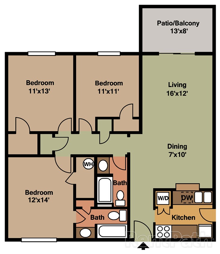 Modern floor plan showcasing three bedrooms, two baths, spacious living and dining area, sleek kitchen, and a cozy patio/balcony. - 3a2 - Martinique