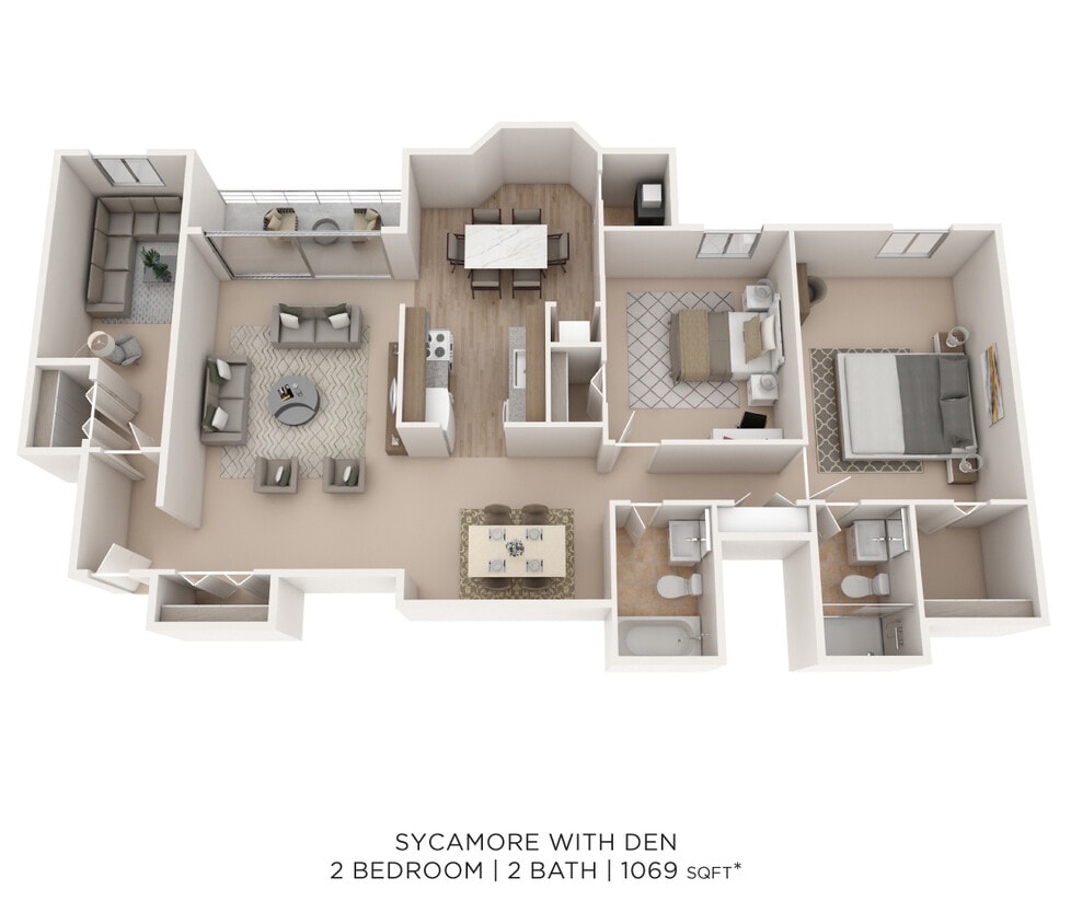 Floor Plan - Two Bedroom 2 Bath w/Den - 1,069 sqft
