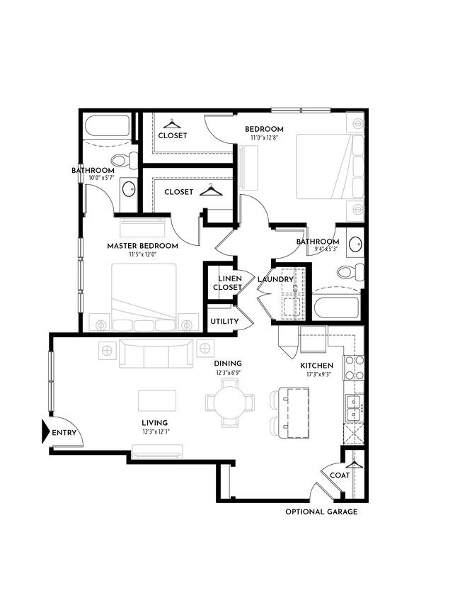 Floor Plan - 2BR 2BA (1062 SF)