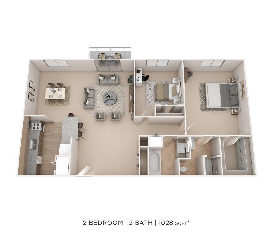 Floor Plan - Two Bedroom 2 Bath - 1,028 sqft
