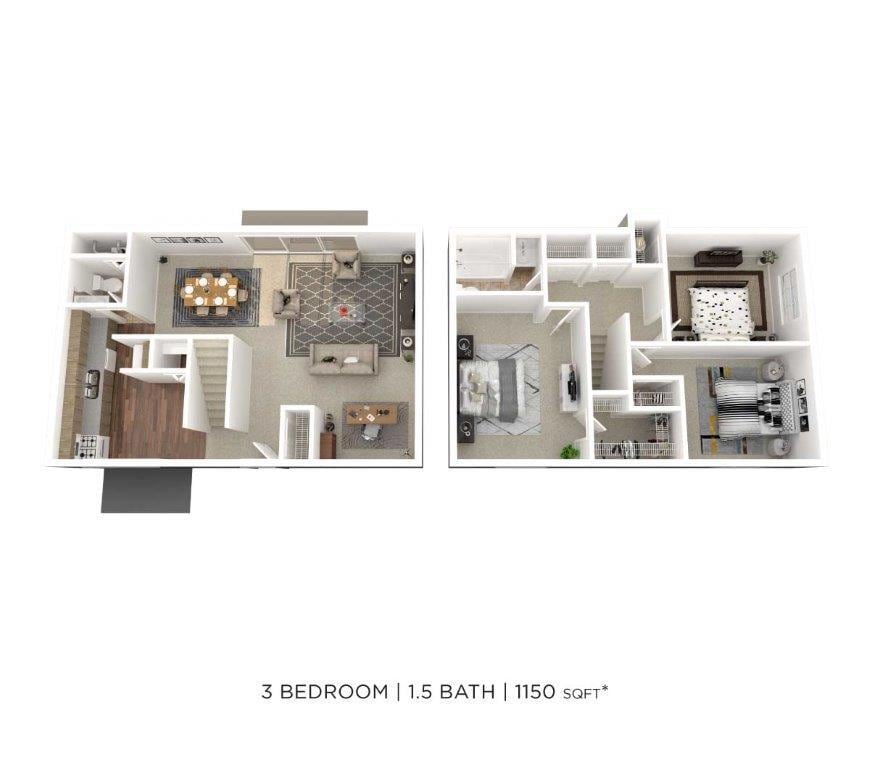 Floor Plan - Three Bedroom 1.5 Bath Townhome - 1,150 sqft
