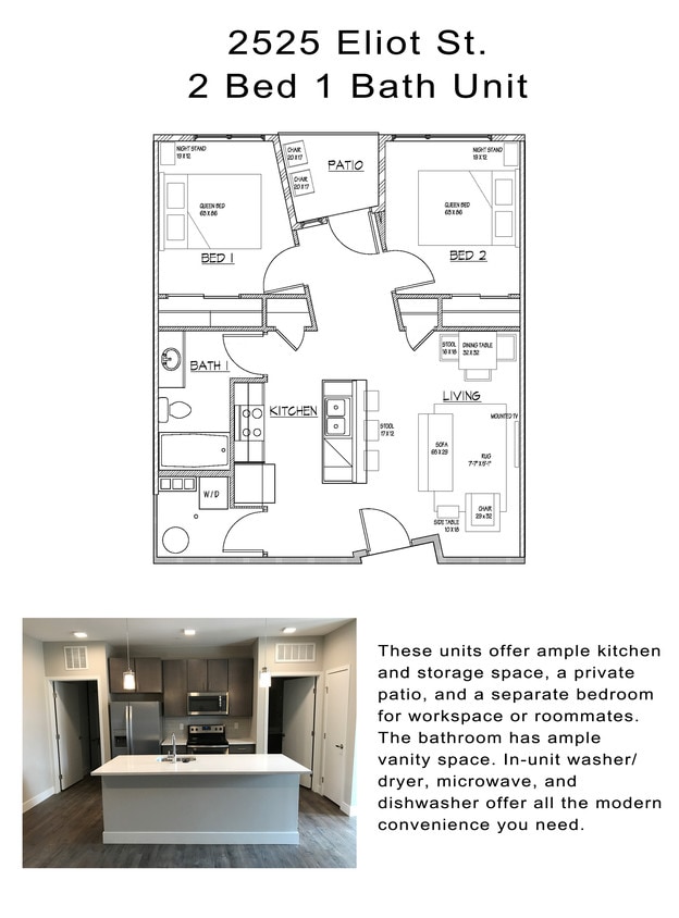 2 BD, 1 BA - 750 SF - 2 Bedroom 1 Bath