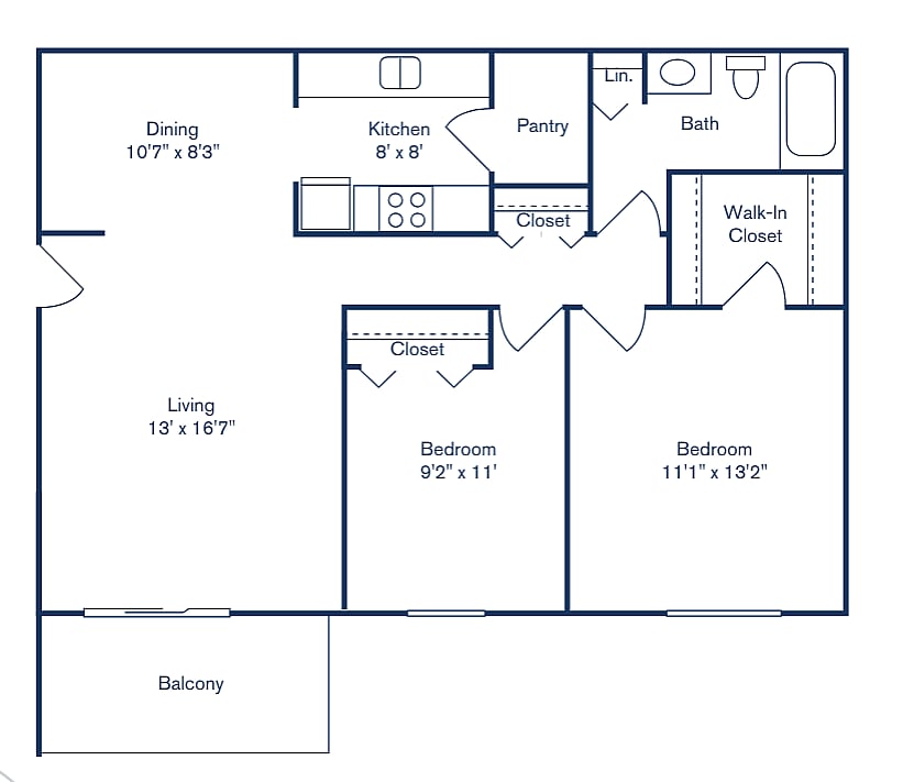 2X1- 884 SQFT - 2 Bedroom, 1 Bath (884 sqft.)