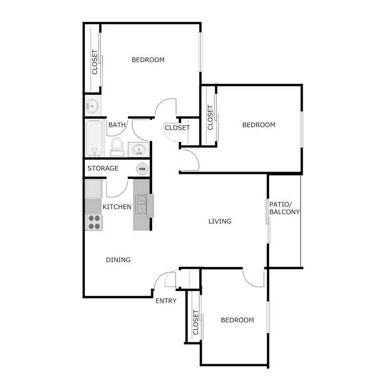 Floor Plan - 3-bed-1-bath-1000