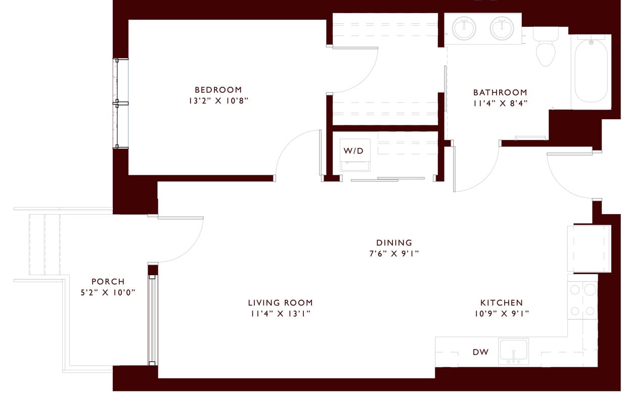 Explore the inviting layout of this modern apartment featuring an open floor plan with a cozy porch. - A7