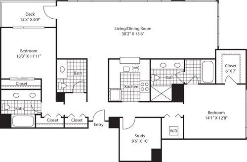 Floor Plan - 2 Bed SE Penthouse Corner Water