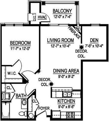 Floor Plan - Virginian II - 1 Bed, 1 Bath w/ Den