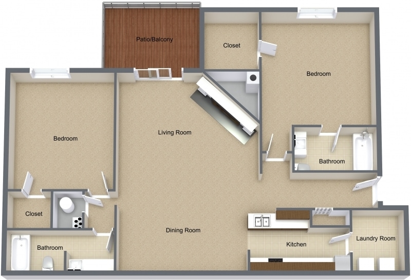 2BR, 2BA - 1000 SF - Willow- Apartment
