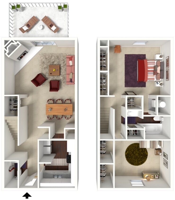Village Green - 2B15B TH - Mahogany 1224 SF - 3D Furn.jpg - Mahogany Premium