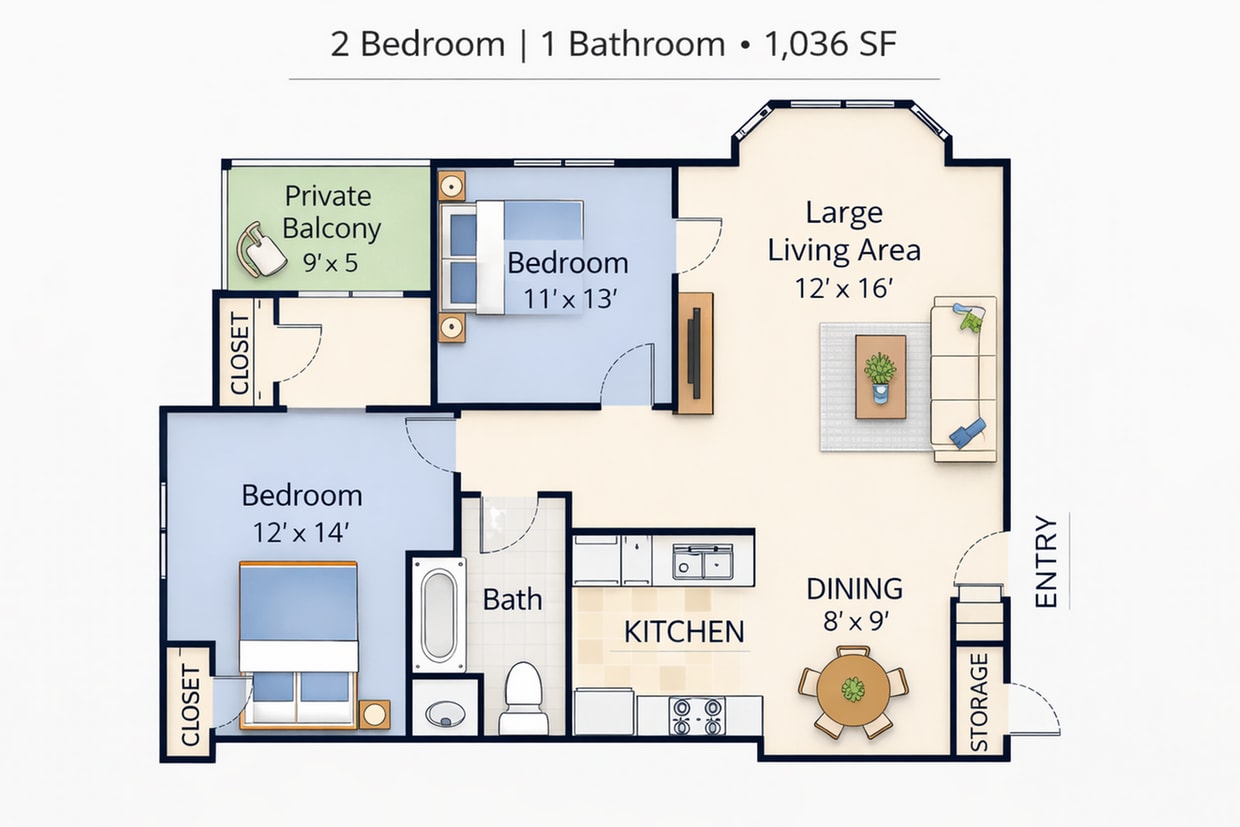 Caledon 2 BR 1 BA Floor Plan - 2 Bed 1 Bath - Silver